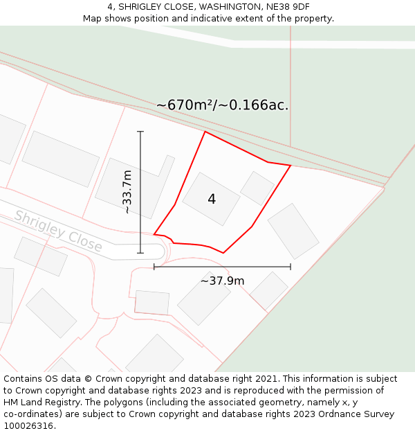 4, SHRIGLEY CLOSE, WASHINGTON, NE38 9DF: Plot and title map