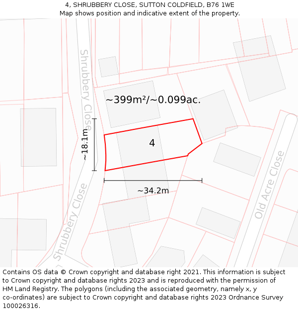 4, SHRUBBERY CLOSE, SUTTON COLDFIELD, B76 1WE: Plot and title map