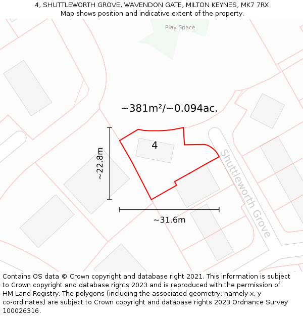 4, SHUTTLEWORTH GROVE, WAVENDON GATE, MILTON KEYNES, MK7 7RX: Plot and title map
