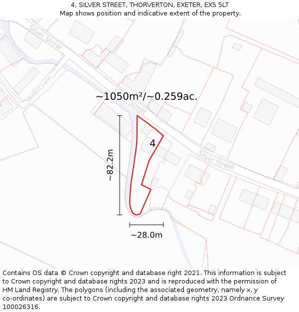 4, SILVER STREET, THORVERTON, EXETER, EX5 5LT: Plot and title map