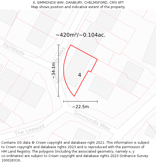 4, SIMMONDS WAY, DANBURY, CHELMSFORD, CM3 4PT: Plot and title map