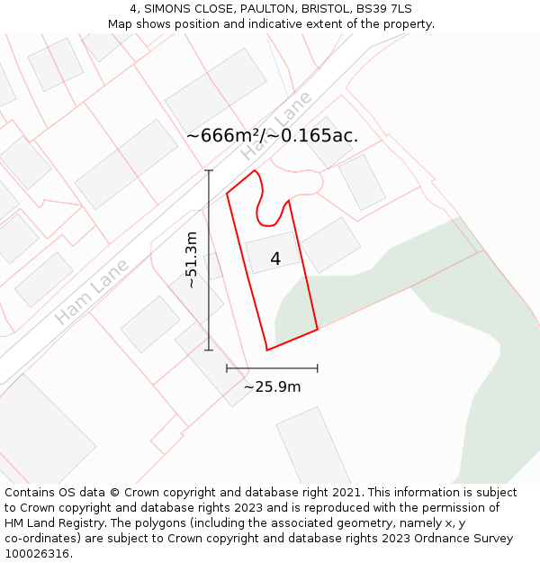 4, SIMONS CLOSE, PAULTON, BRISTOL, BS39 7LS: Plot and title map
