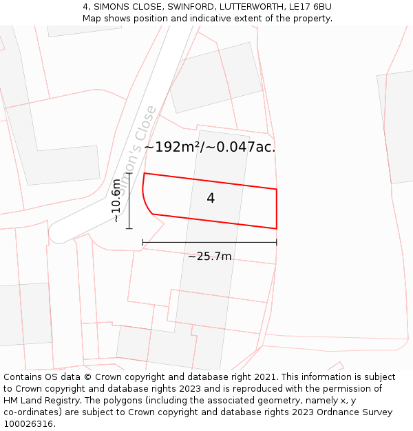 4, SIMONS CLOSE, SWINFORD, LUTTERWORTH, LE17 6BU: Plot and title map