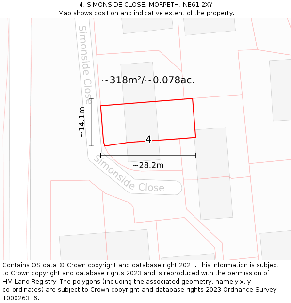 4, SIMONSIDE CLOSE, MORPETH, NE61 2XY: Plot and title map