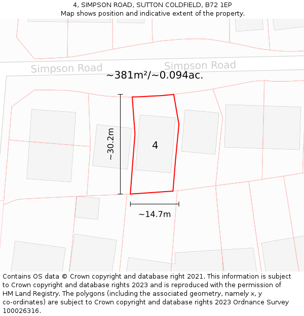 4, SIMPSON ROAD, SUTTON COLDFIELD, B72 1EP: Plot and title map