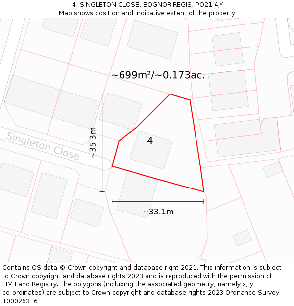 4, SINGLETON CLOSE, BOGNOR REGIS, PO21 4JY: Plot and title map