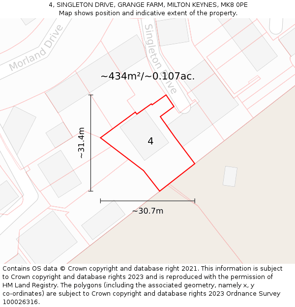 4, SINGLETON DRIVE, GRANGE FARM, MILTON KEYNES, MK8 0PE: Plot and title map