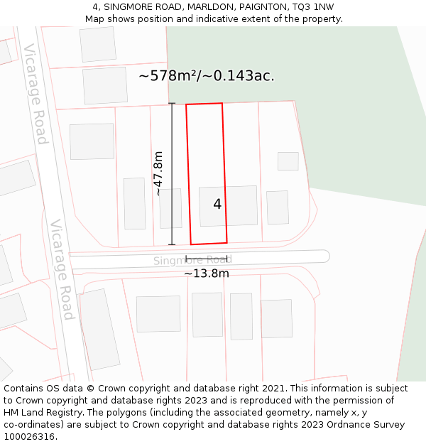 4, SINGMORE ROAD, MARLDON, PAIGNTON, TQ3 1NW: Plot and title map
