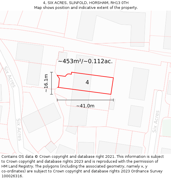 4, SIX ACRES, SLINFOLD, HORSHAM, RH13 0TH: Plot and title map