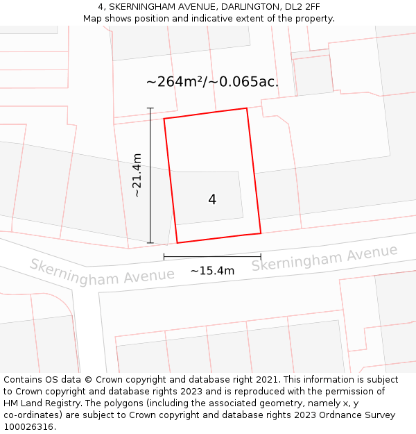 4, SKERNINGHAM AVENUE, DARLINGTON, DL2 2FF: Plot and title map
