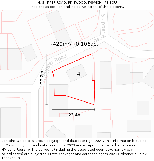 4, SKIPPER ROAD, PINEWOOD, IPSWICH, IP8 3QU: Plot and title map