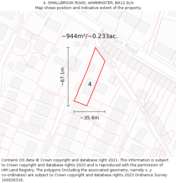 4, SMALLBROOK ROAD, WARMINSTER, BA12 9LN: Plot and title map