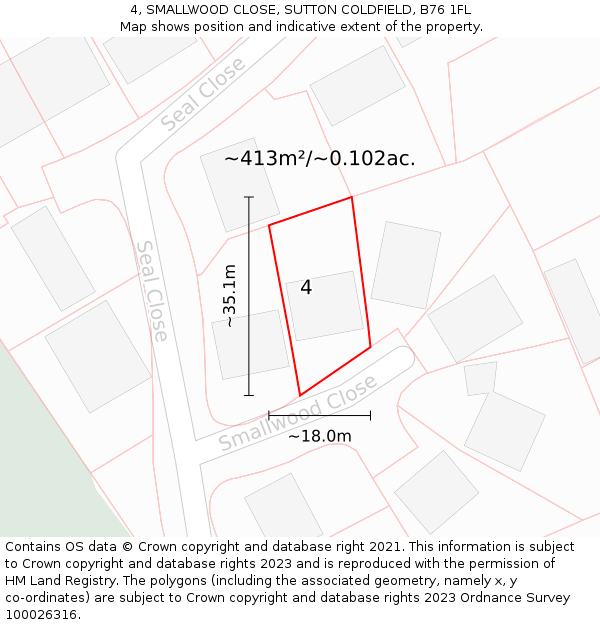 4, SMALLWOOD CLOSE, SUTTON COLDFIELD, B76 1FL: Plot and title map