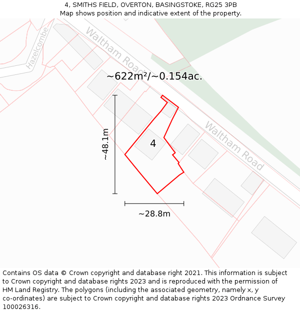 4, SMITHS FIELD, OVERTON, BASINGSTOKE, RG25 3PB: Plot and title map