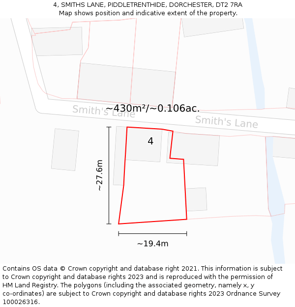 4, SMITHS LANE, PIDDLETRENTHIDE, DORCHESTER, DT2 7RA: Plot and title map