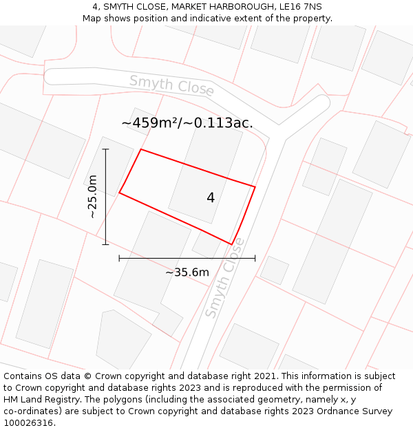 4, SMYTH CLOSE, MARKET HARBOROUGH, LE16 7NS: Plot and title map