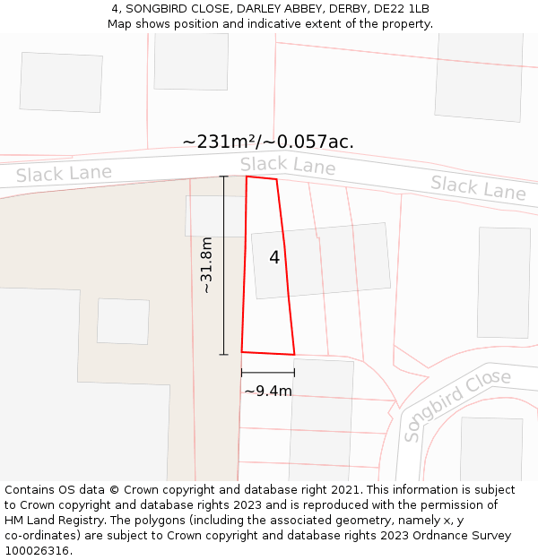4, SONGBIRD CLOSE, DARLEY ABBEY, DERBY, DE22 1LB: Plot and title map
