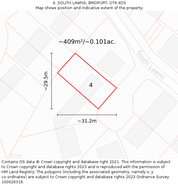 4, SOUTH LAWNS, BRIDPORT, DT6 4DS: Plot and title map