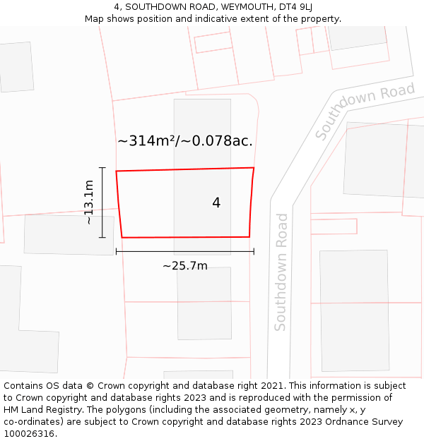 4, SOUTHDOWN ROAD, WEYMOUTH, DT4 9LJ: Plot and title map