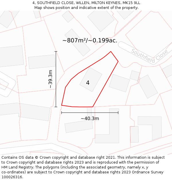 4, SOUTHFIELD CLOSE, WILLEN, MILTON KEYNES, MK15 9LL: Plot and title map