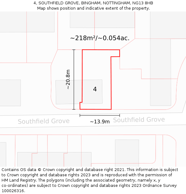 4, SOUTHFIELD GROVE, BINGHAM, NOTTINGHAM, NG13 8HB: Plot and title map