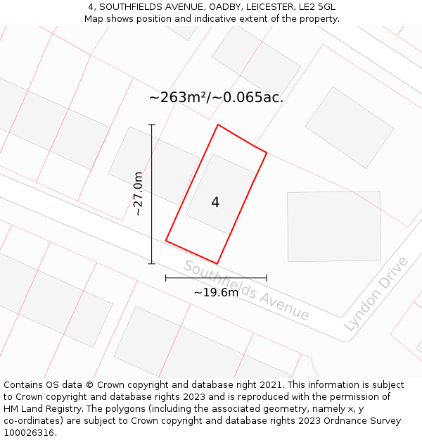 4, SOUTHFIELDS AVENUE, OADBY, LEICESTER, LE2 5GL: Plot and title map