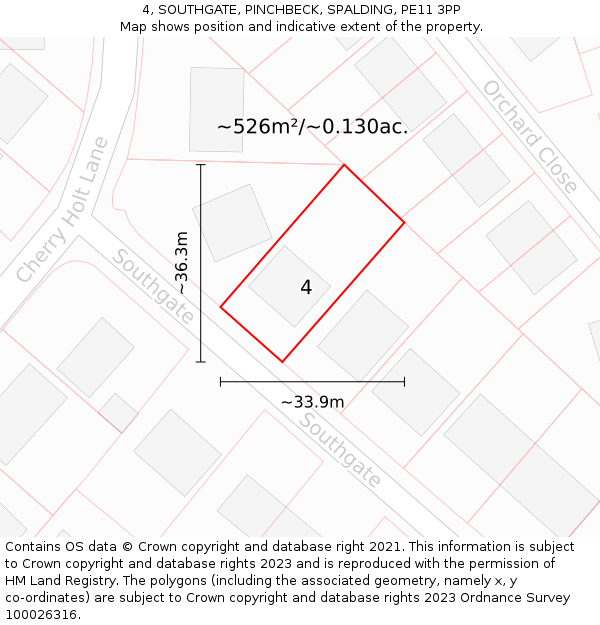 4, SOUTHGATE, PINCHBECK, SPALDING, PE11 3PP: Plot and title map