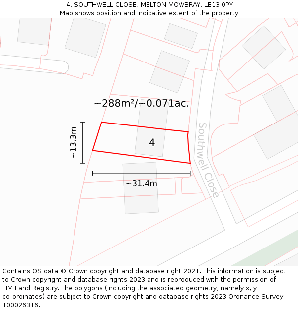 4, SOUTHWELL CLOSE, MELTON MOWBRAY, LE13 0PY: Plot and title map