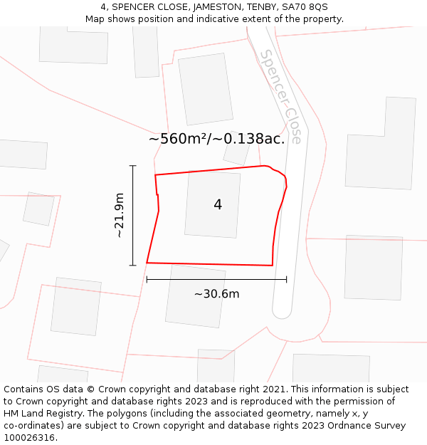 4, SPENCER CLOSE, JAMESTON, TENBY, SA70 8QS: Plot and title map