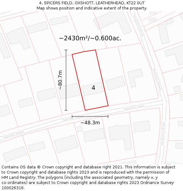 4, SPICERS FIELD, OXSHOTT, LEATHERHEAD, KT22 0UT: Plot and title map
