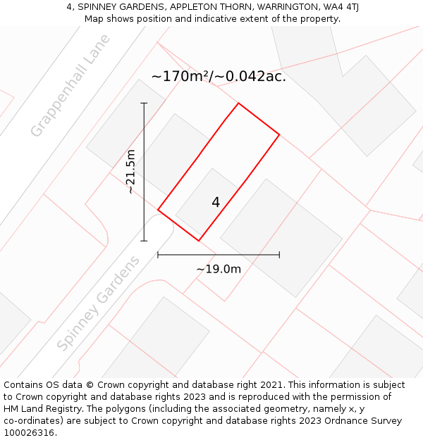 4, SPINNEY GARDENS, APPLETON THORN, WARRINGTON, WA4 4TJ: Plot and title map