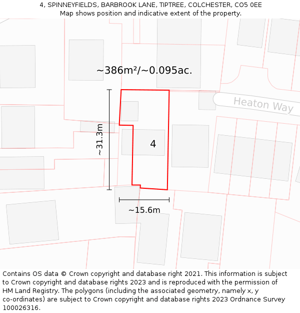 4, SPINNEYFIELDS, BARBROOK LANE, TIPTREE, COLCHESTER, CO5 0EE: Plot and title map