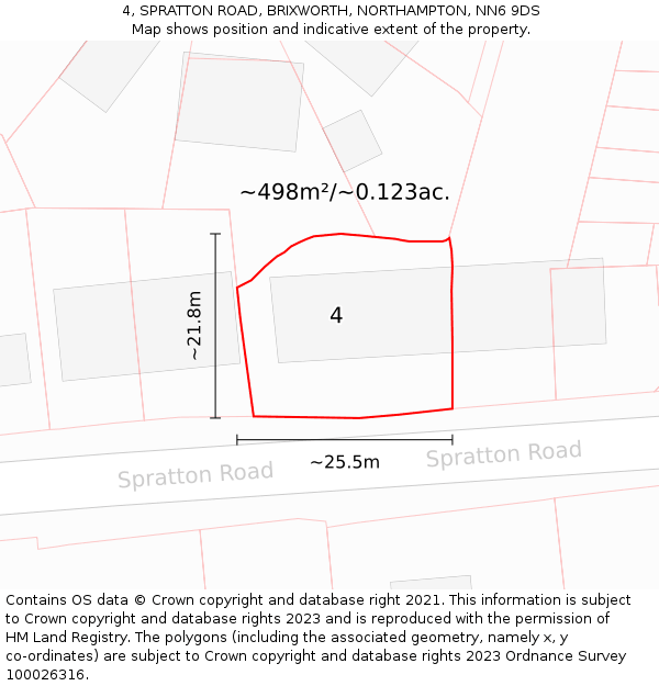 4, SPRATTON ROAD, BRIXWORTH, NORTHAMPTON, NN6 9DS: Plot and title map