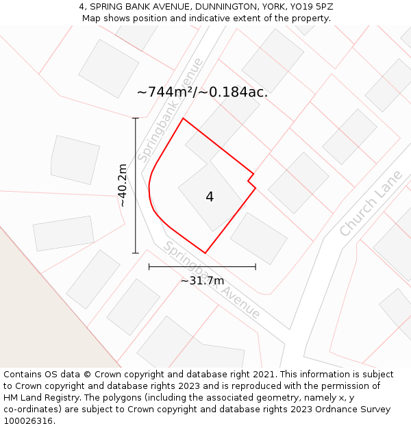 4, SPRING BANK AVENUE, DUNNINGTON, YORK, YO19 5PZ: Plot and title map