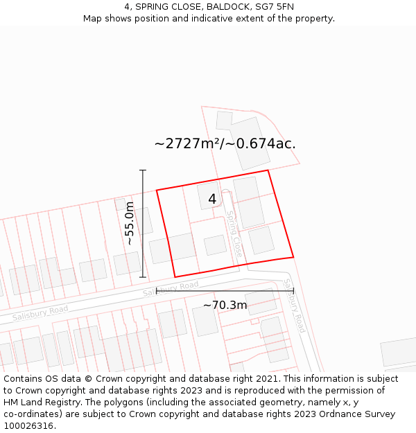 4, SPRING CLOSE, BALDOCK, SG7 5FN: Plot and title map
