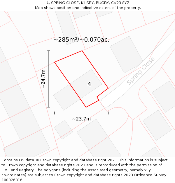 4, SPRING CLOSE, KILSBY, RUGBY, CV23 8YZ: Plot and title map