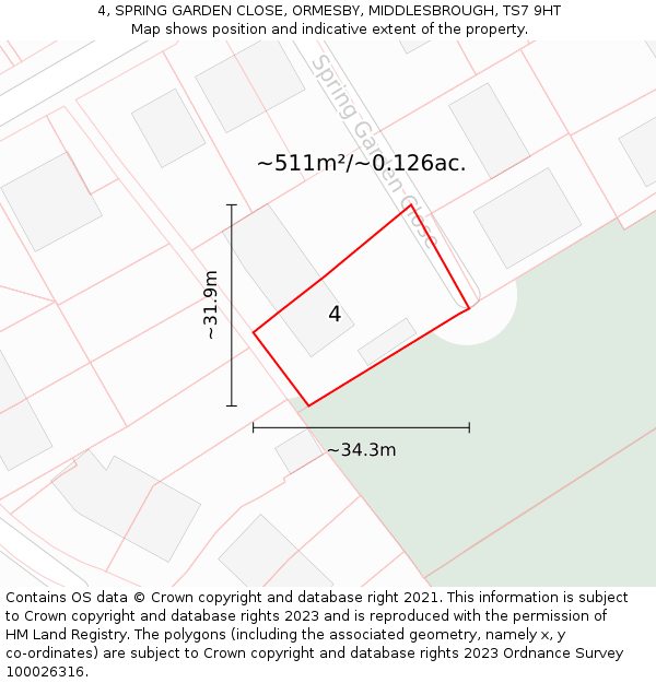 4, SPRING GARDEN CLOSE, ORMESBY, MIDDLESBROUGH, TS7 9HT: Plot and title map
