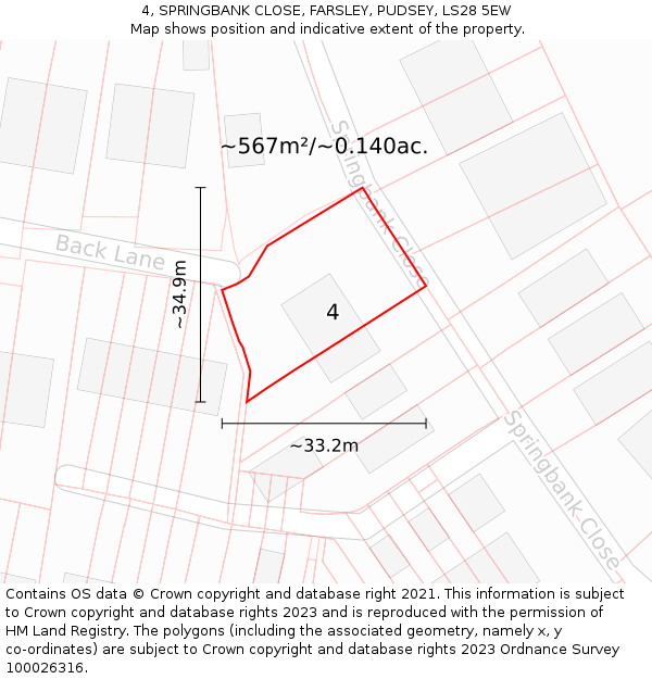 4, SPRINGBANK CLOSE, FARSLEY, PUDSEY, LS28 5EW: Plot and title map