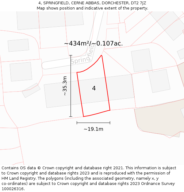 4, SPRINGFIELD, CERNE ABBAS, DORCHESTER, DT2 7JZ: Plot and title map