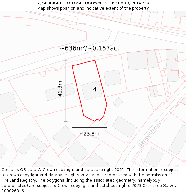 4, SPRINGFIELD CLOSE, DOBWALLS, LISKEARD, PL14 6LX: Plot and title map