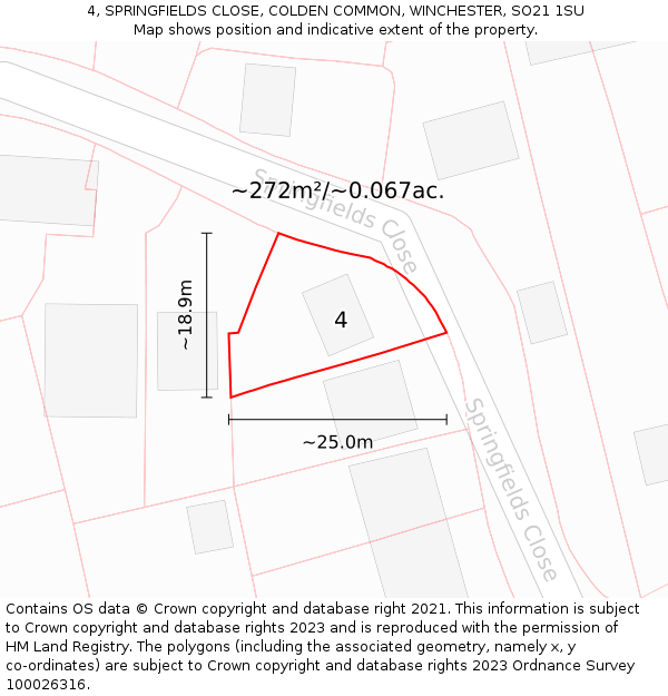 4, SPRINGFIELDS CLOSE, COLDEN COMMON, WINCHESTER, SO21 1SU: Plot and title map