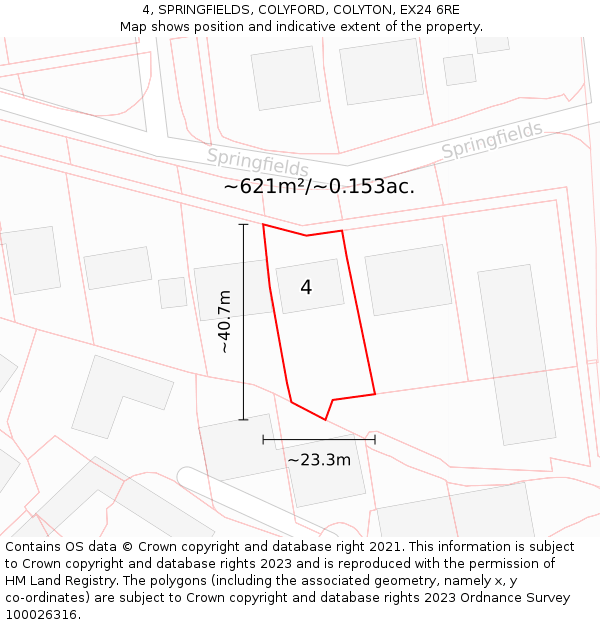 4, SPRINGFIELDS, COLYFORD, COLYTON, EX24 6RE: Plot and title map