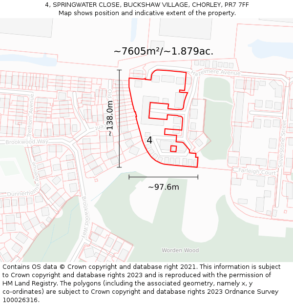 4, SPRINGWATER CLOSE, BUCKSHAW VILLAGE, CHORLEY, PR7 7FF: Plot and title map