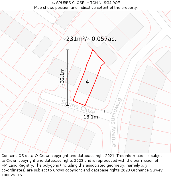 4, SPURRS CLOSE, HITCHIN, SG4 9QE: Plot and title map