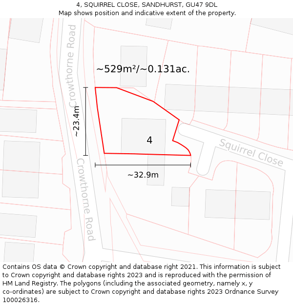 4, SQUIRREL CLOSE, SANDHURST, GU47 9DL: Plot and title map