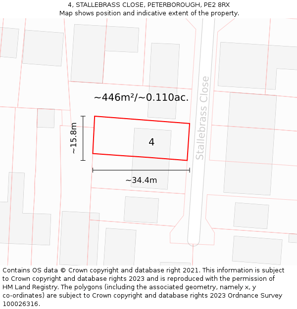 4, STALLEBRASS CLOSE, PETERBOROUGH, PE2 8RX: Plot and title map