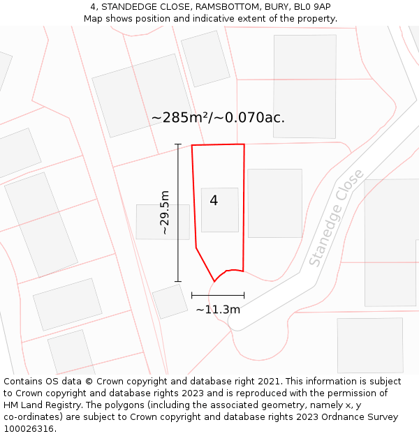 4, STANDEDGE CLOSE, RAMSBOTTOM, BURY, BL0 9AP: Plot and title map