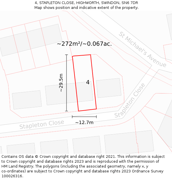 4, STAPLETON CLOSE, HIGHWORTH, SWINDON, SN6 7DR: Plot and title map