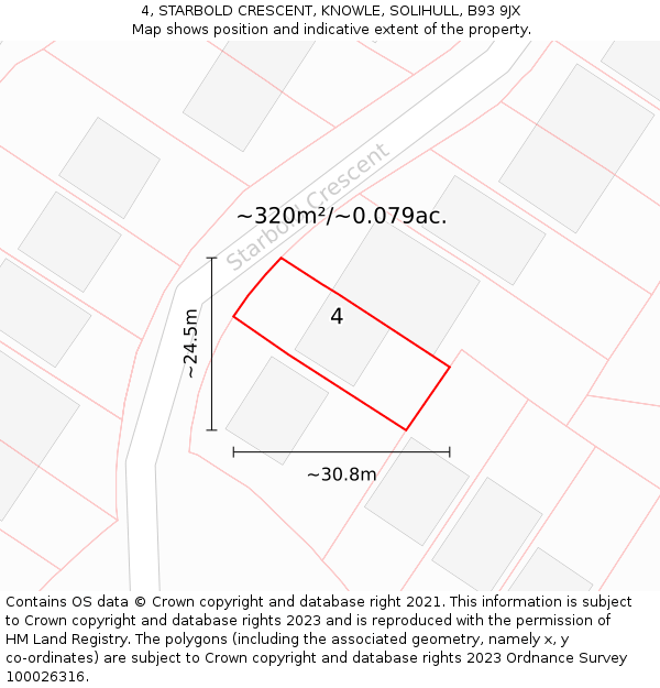 4, STARBOLD CRESCENT, KNOWLE, SOLIHULL, B93 9JX: Plot and title map