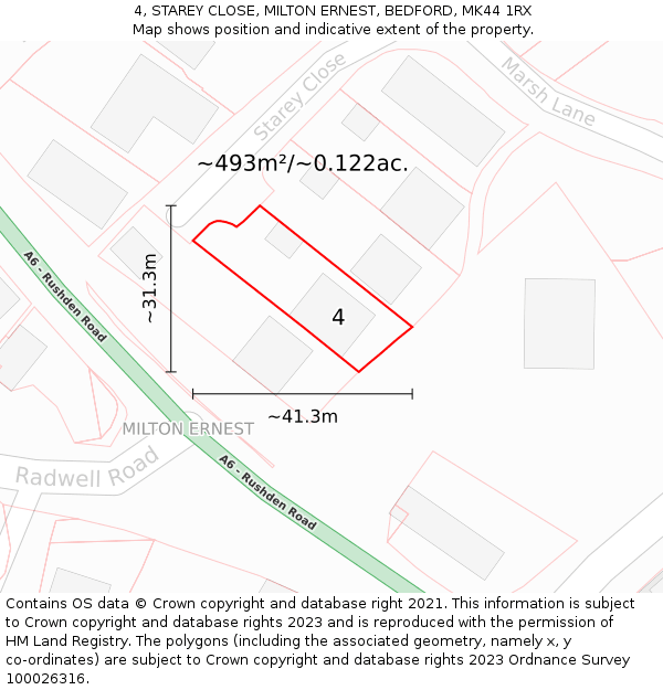 4, STAREY CLOSE, MILTON ERNEST, BEDFORD, MK44 1RX: Plot and title map